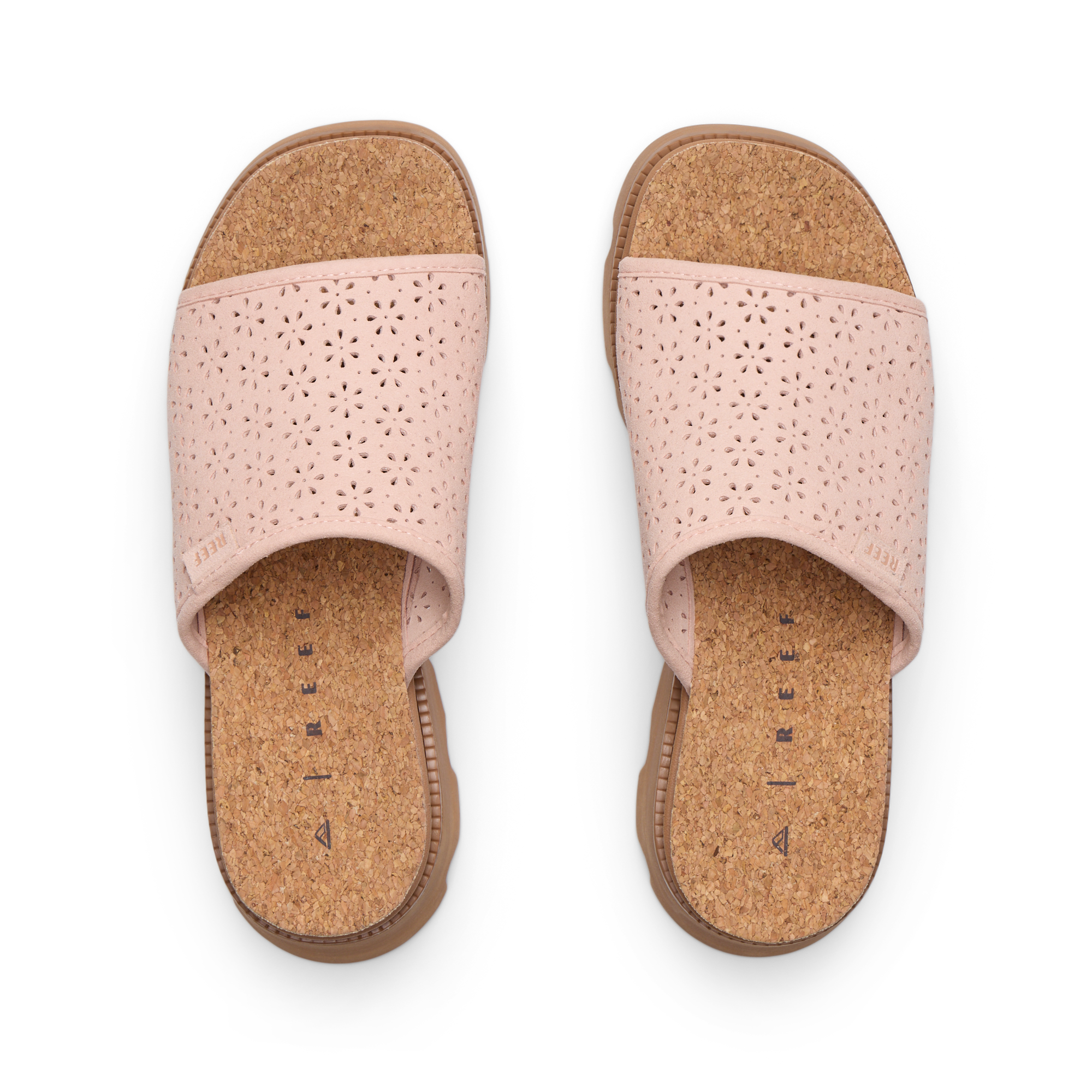Vista Luxe Evie women's sandals facing up, cork footbed, soft pink perforated straps, comfort and arch support.