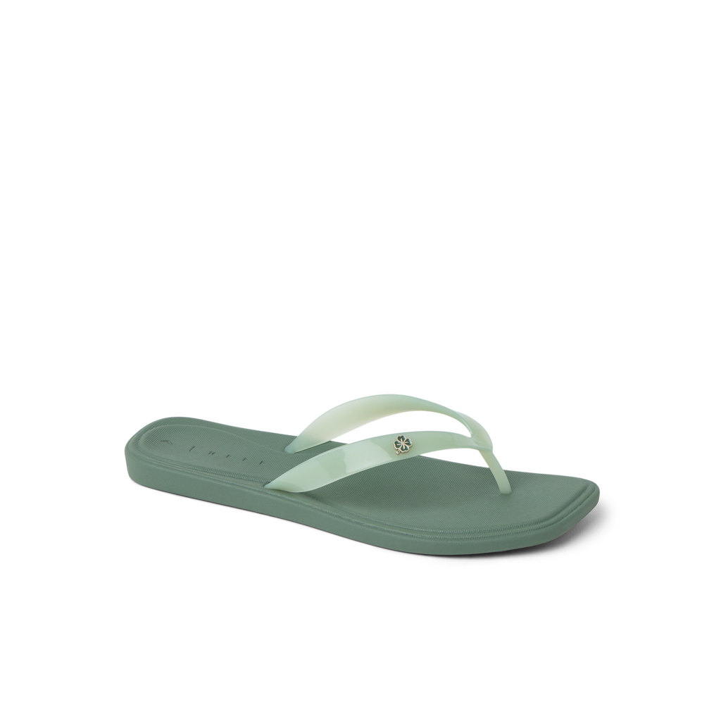Solaye women's water-friendly flip flop facing left showing square toe and cushioned footbed in green shade