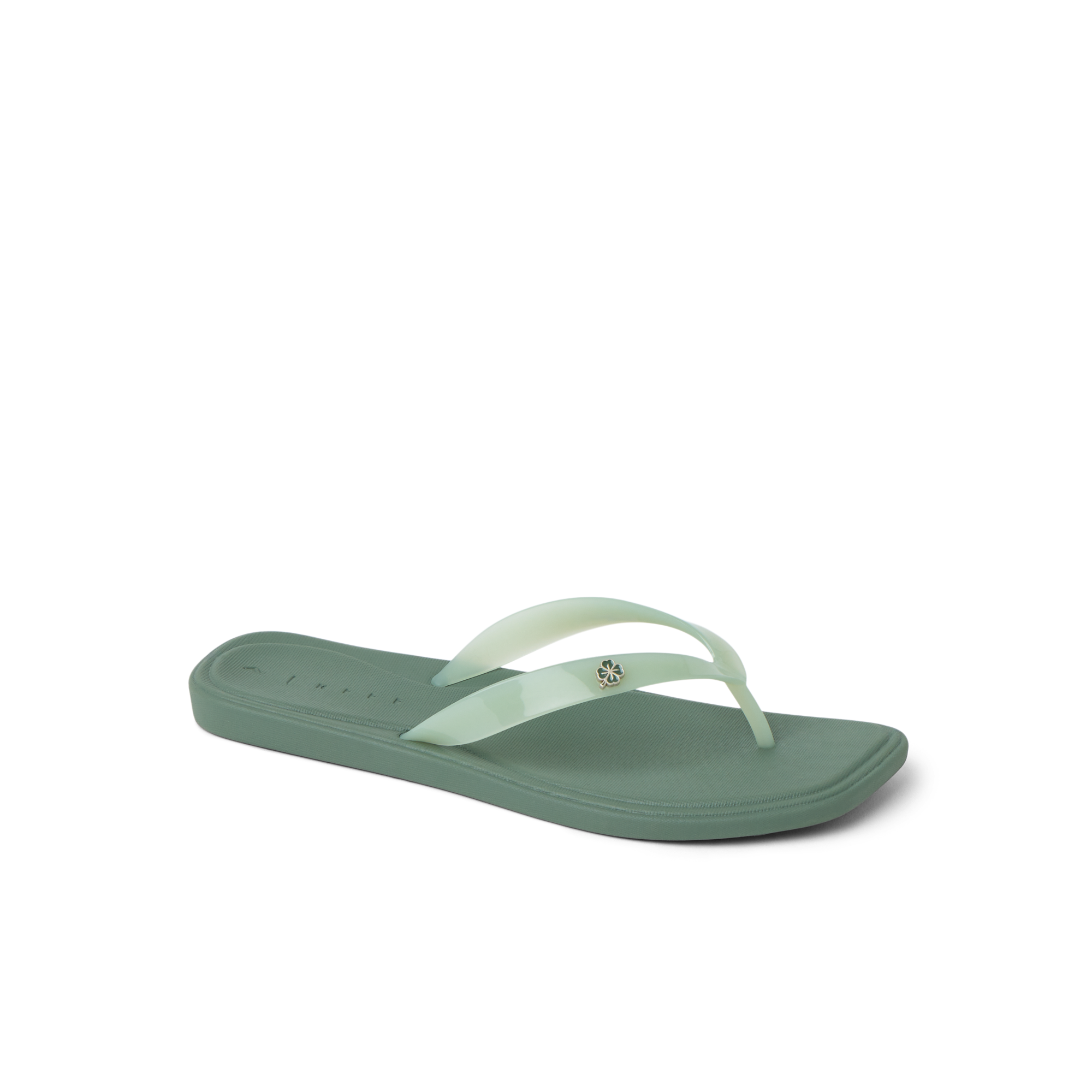 Solaye women's water-friendly flip flop facing left showing square toe and cushioned footbed in green shade