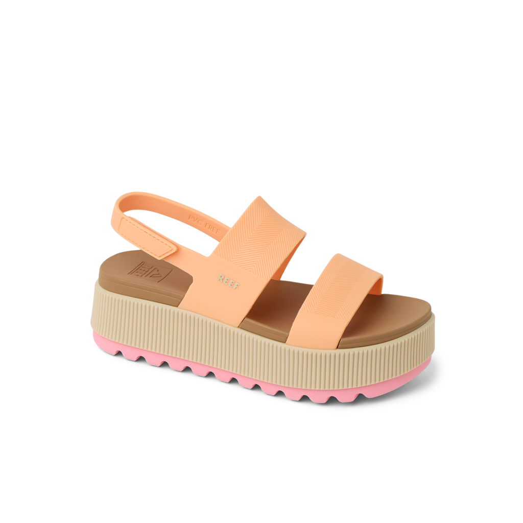 Side view of Water Vista Higher women’s sandal in orange chiffon with comfort cushioning and arch support platform sole