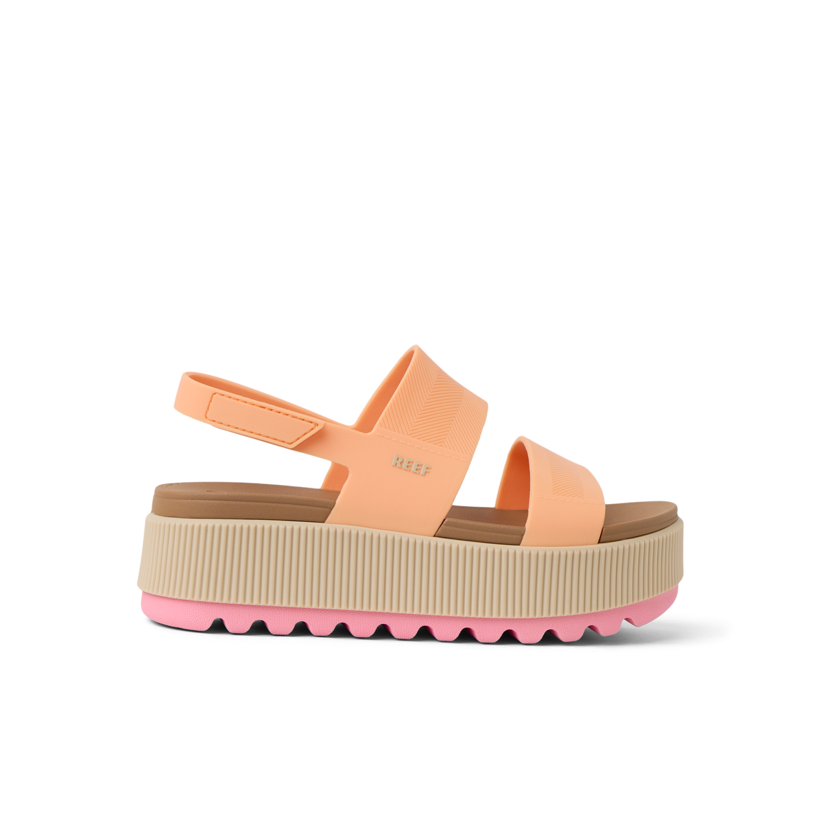 Side view of Water Vista Higher women's sandal in orange chiffon with platform sole and arch support for beach comfort