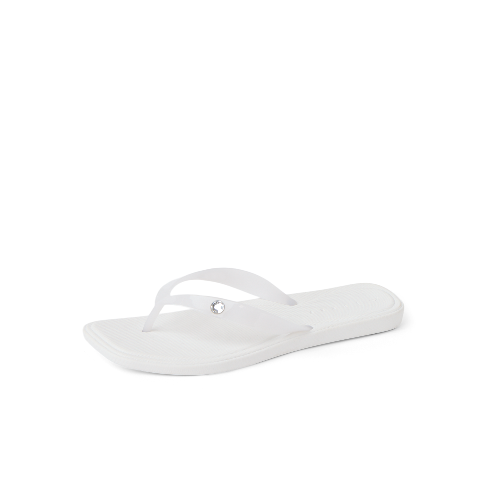 Solaye white women's flip flop facing left, featuring soft-rebound cushioning and anatomical arch support.