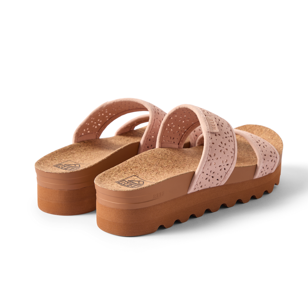 Cushion Vista Hi women's sandals facing backward, showing cushioned cork footbed and pink straps with comfort design.