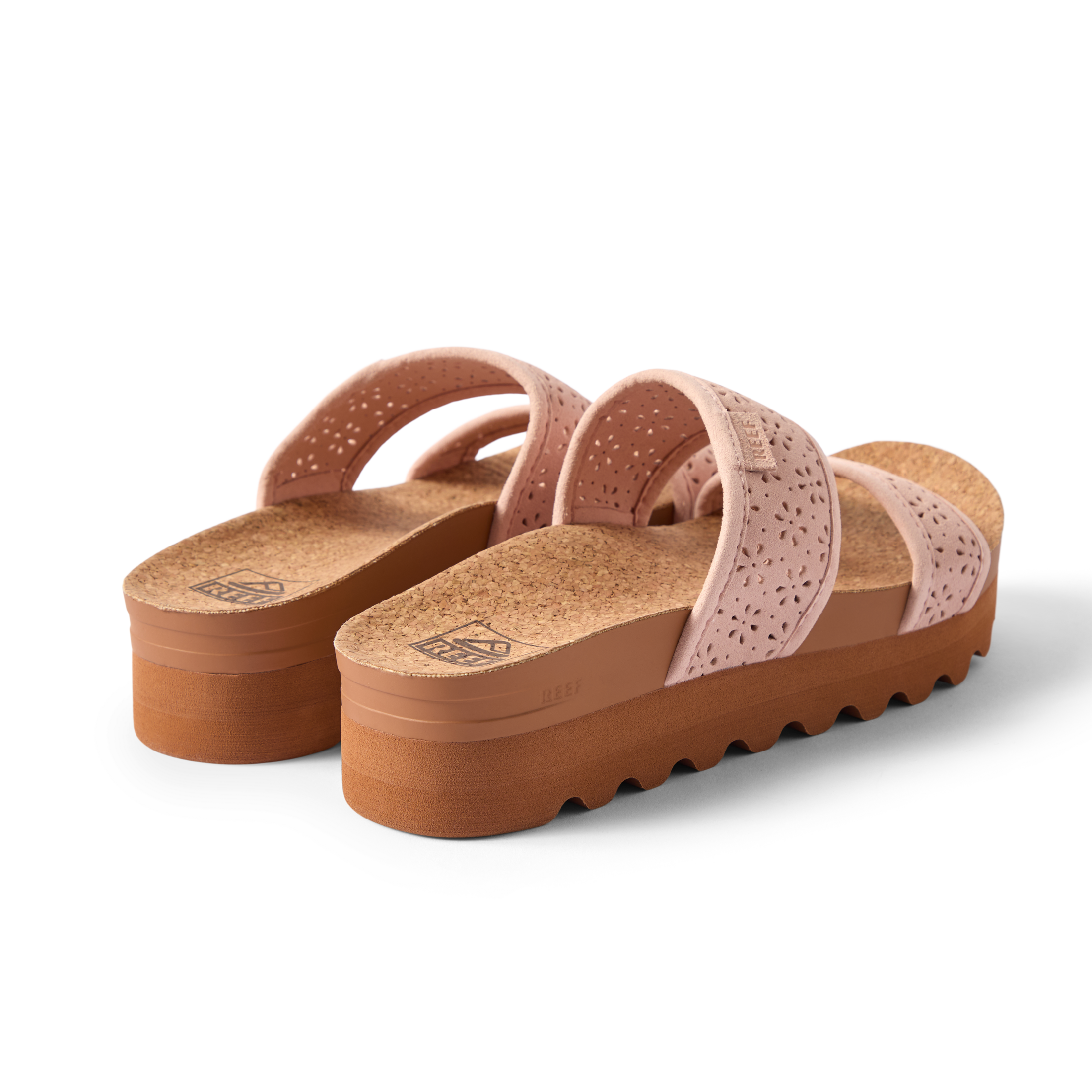 Cushion Vista Hi women's sandals facing backward, showing cushioned cork footbed and pink straps with comfort design.