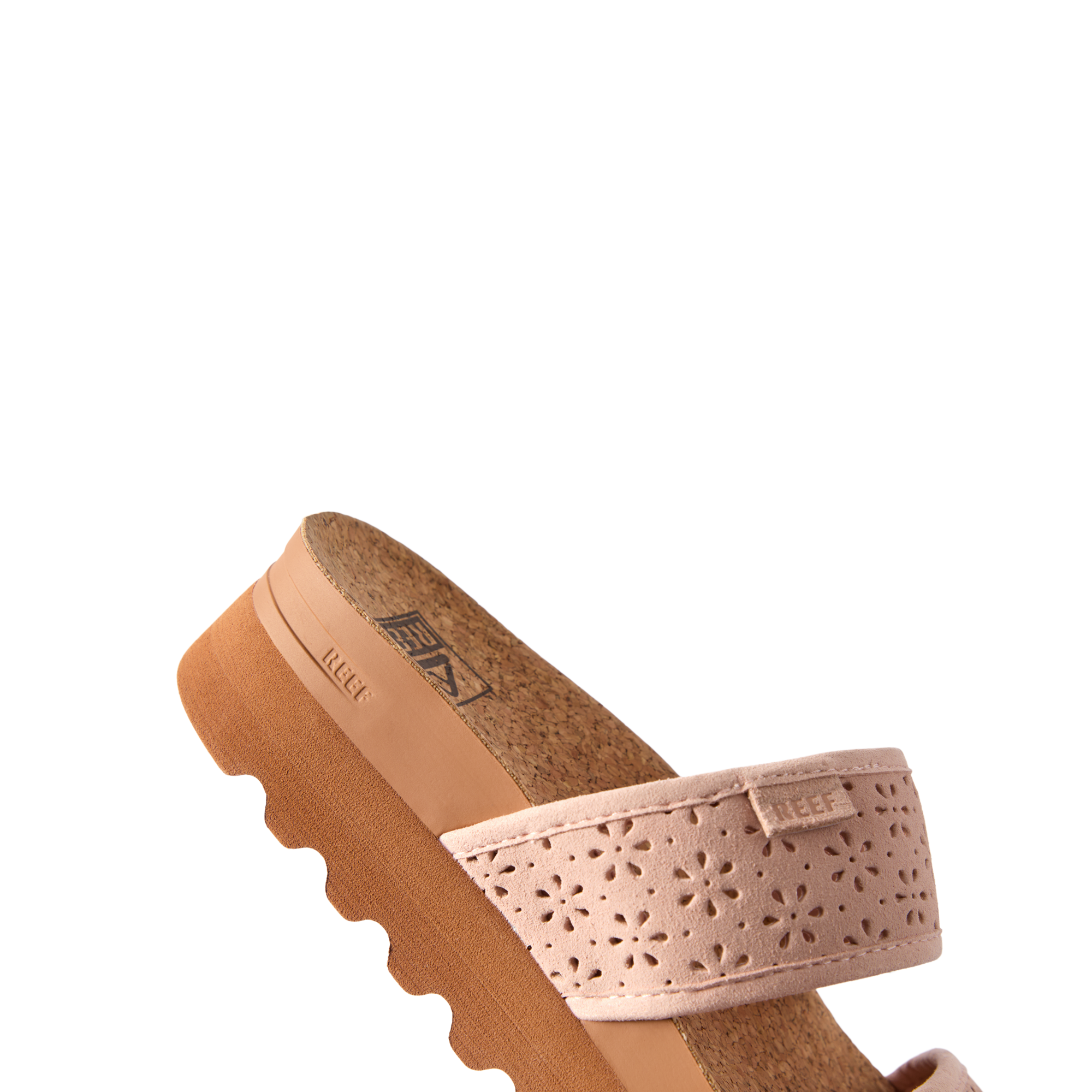 Cushion Vista Hi sandal facing left showing top strap with floral cutouts and textured cushioned sole for comfort.