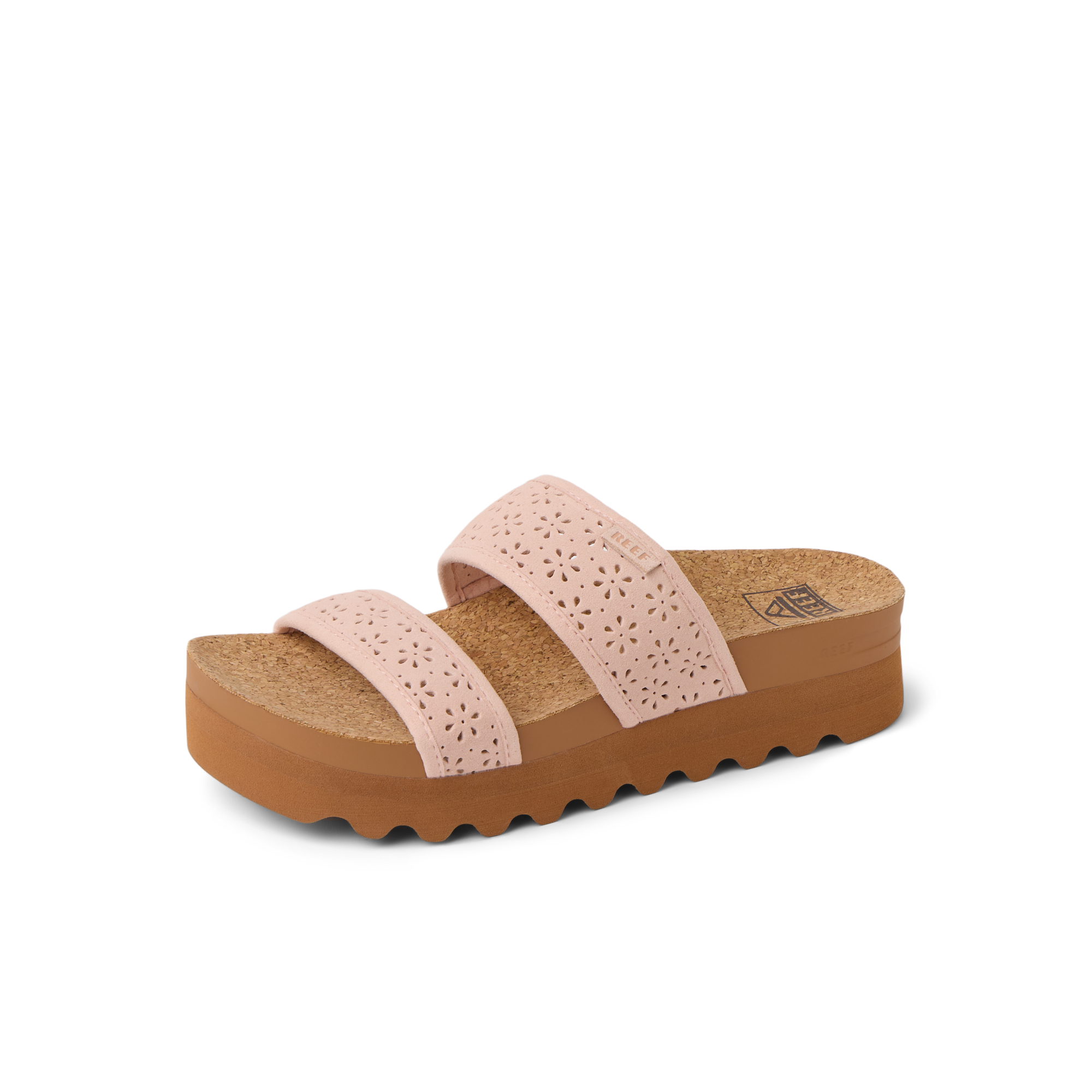 Cushion Vista Hi women's sandal facing right with pink perforated straps, cork footbed, and durable brown sole for beach comfort