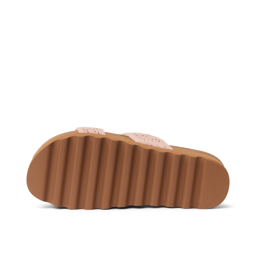 Cushion Vista Hi women's sandal sole facing up, showing durable water-friendly sole with deep grooves for grip.