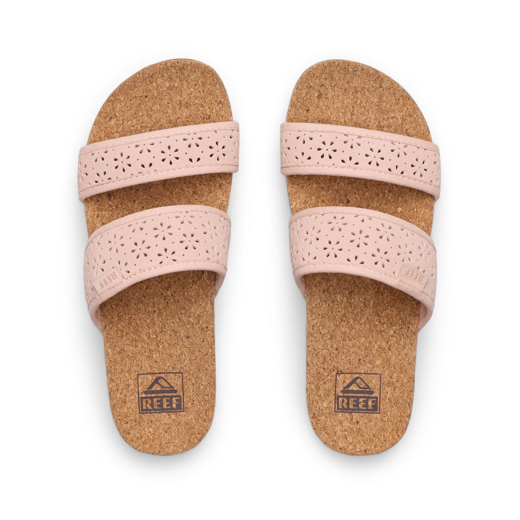 Top view of Cushion Vista Hi women's sandals in soft pink with cushioned cork footbed, textured straps, and anatomical arch support.