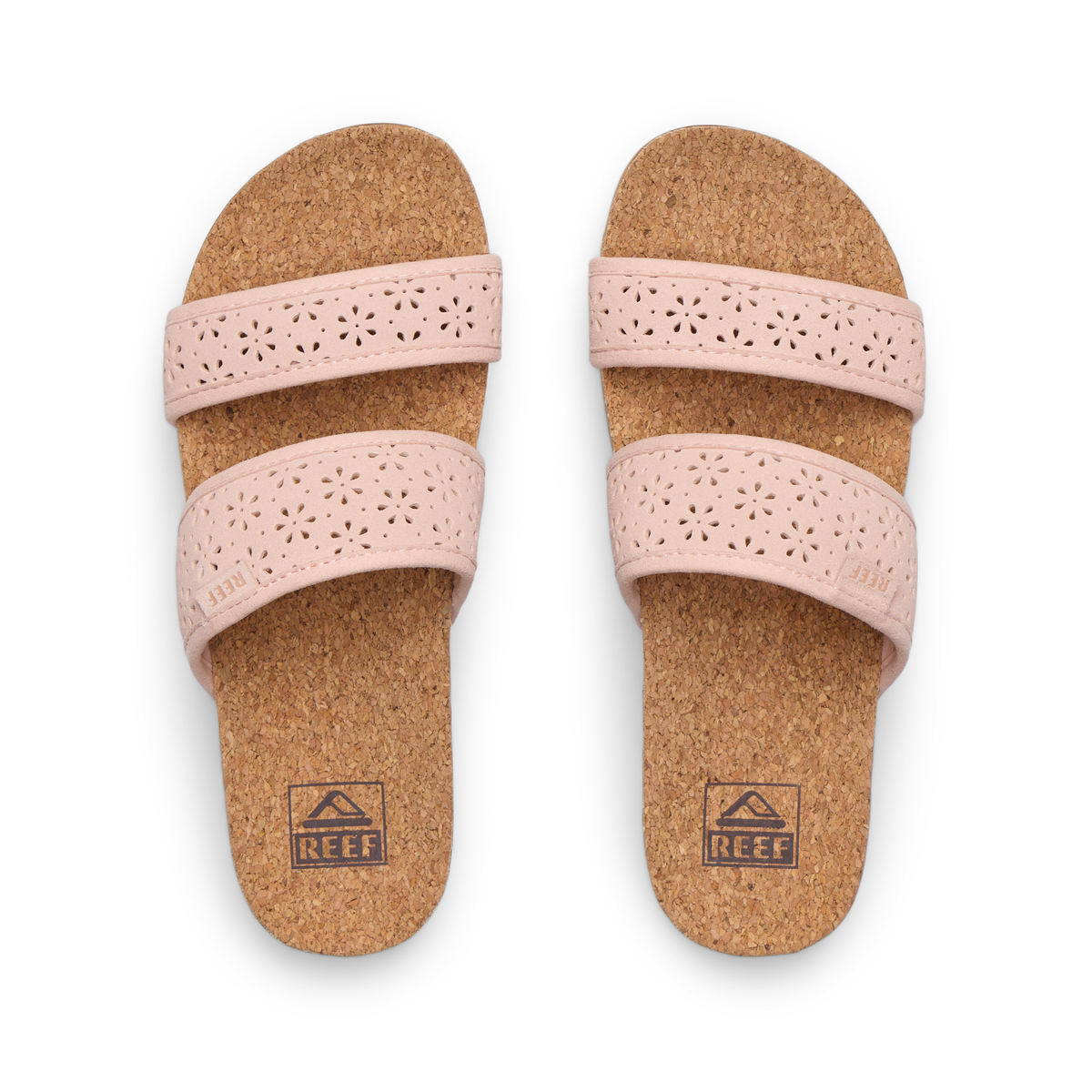 Top view of Cushion Vista Hi women's sandals in soft pink with cushioned cork footbed, textured straps, and anatomical arch support.