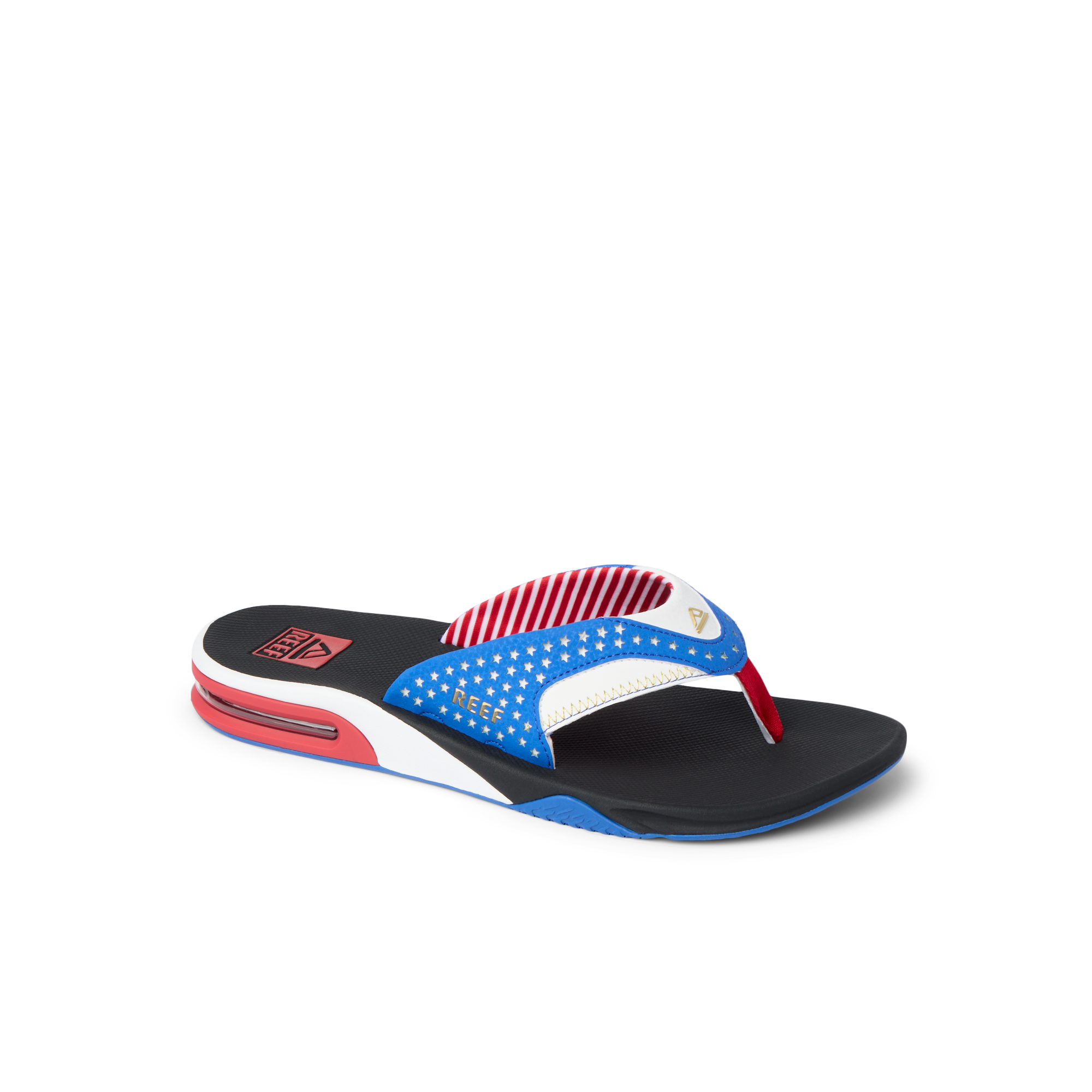 Fanning men's flip flop facing left, with cushioned footbed, anatomical arch support, and water-friendly materials.