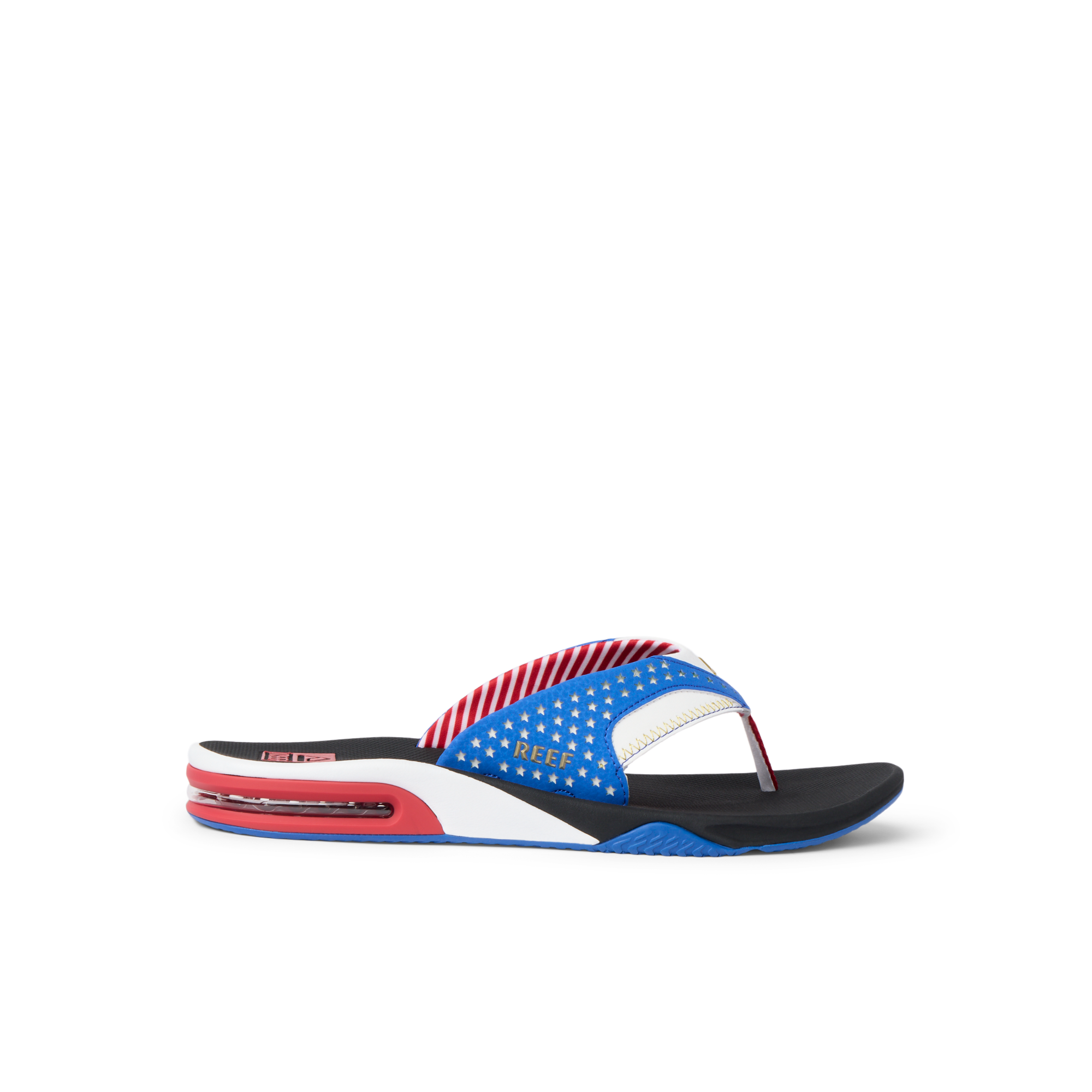 Fanning men’s sandal facing right, featuring blue star pattern, cushioned arch support, and water-friendly materials for beach comfort.