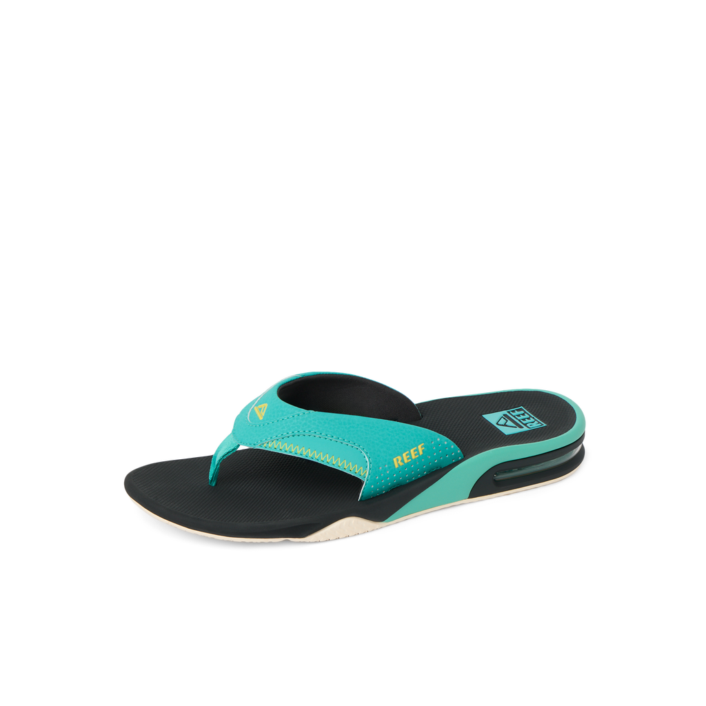 Right-facing Fanning men's sandal with teal straps and anatomical arch support, designed for beach comfort and durability.