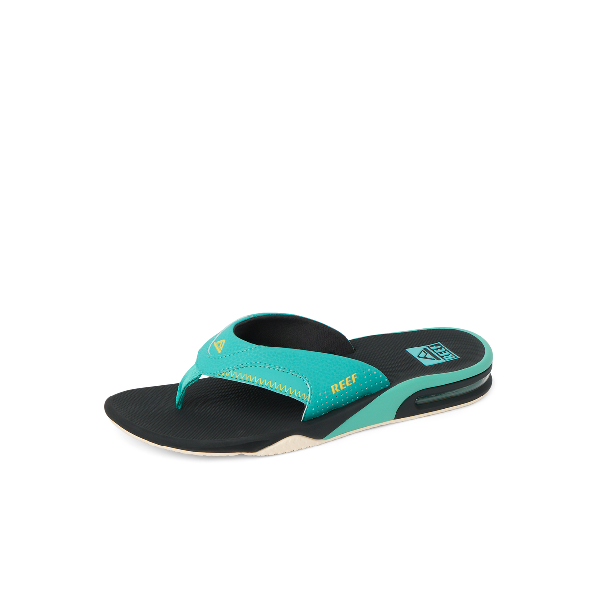 Right-facing Fanning men's sandal with teal straps and anatomical arch support, designed for beach comfort and durability.