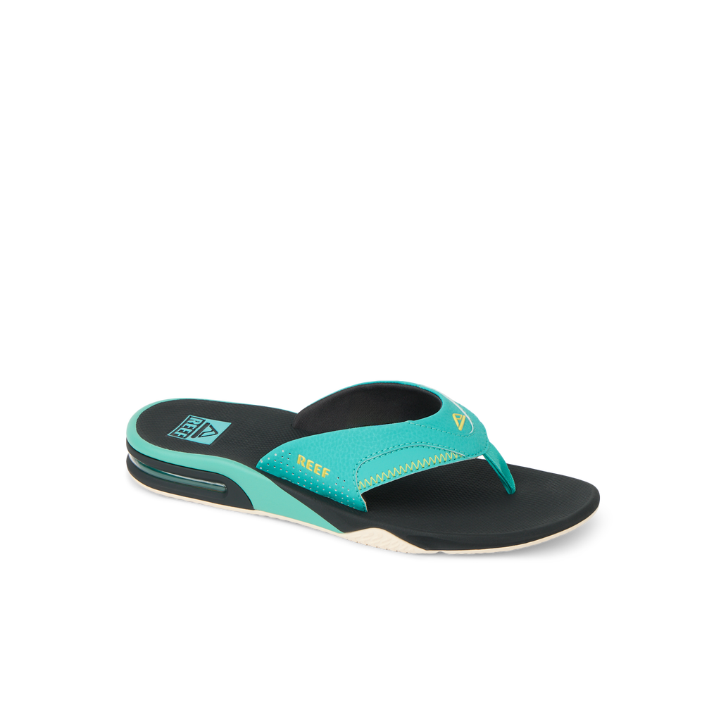 Fanning men's teal flip flop sandal facing right, showing soft-rebound cushioning and arch support for beach comfort