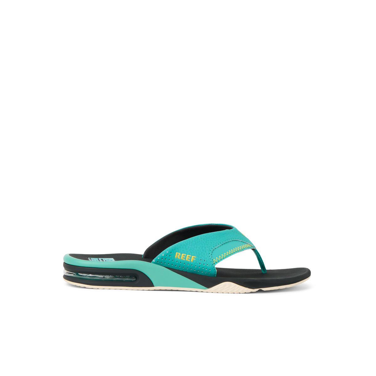 Fanning men's teal flip flop facing left, featuring anatomical arch support and soft-rebound cushioning for beach comfort.