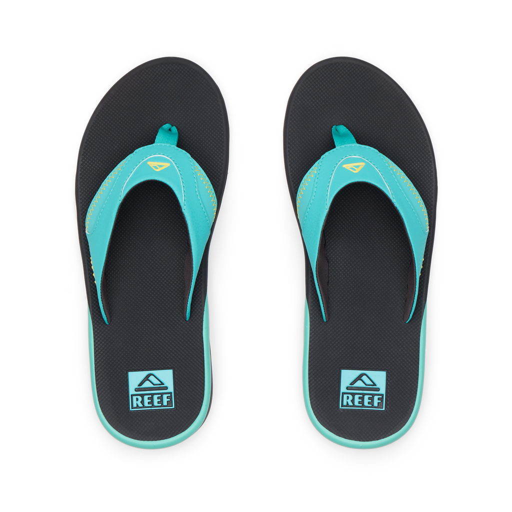 Top view of men's Fanning flip flops in teal and black, featuring anatomical arch support and soft-rebound cushioning.