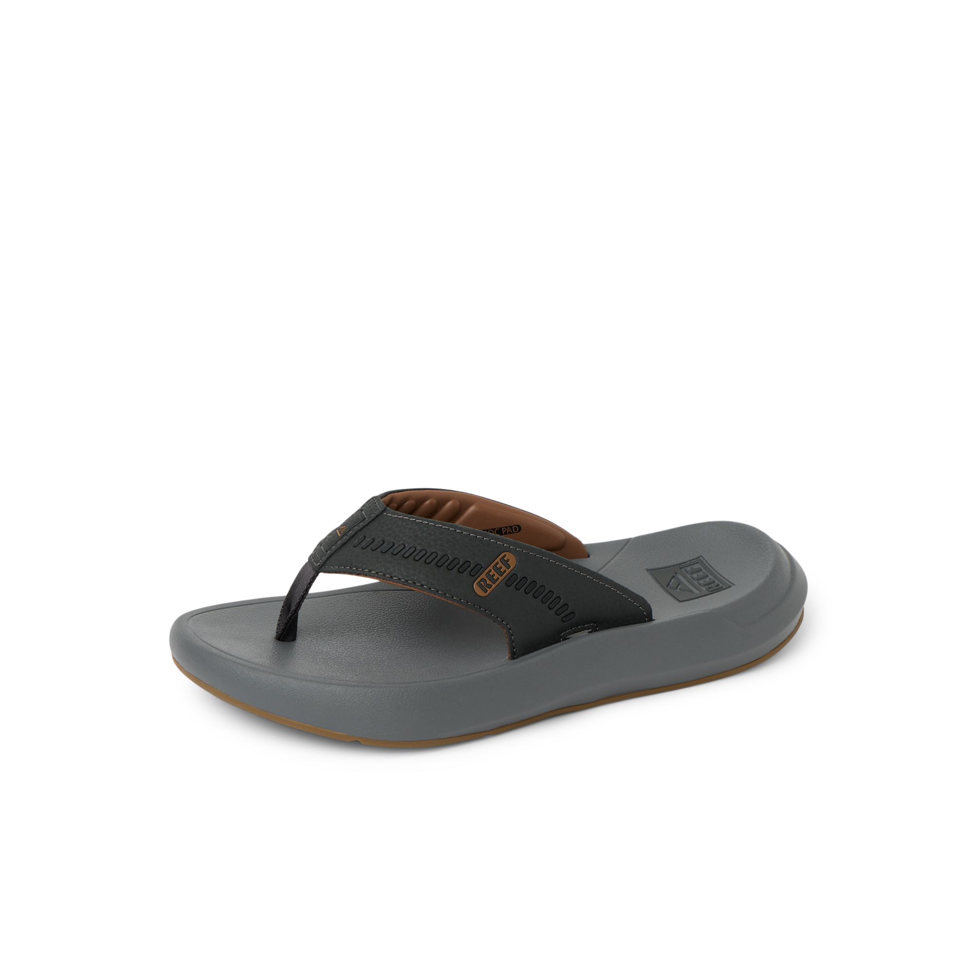 Cruiser men's sandal facing right, showing soft-rebound cushioned footbed and arch support in dark colors
