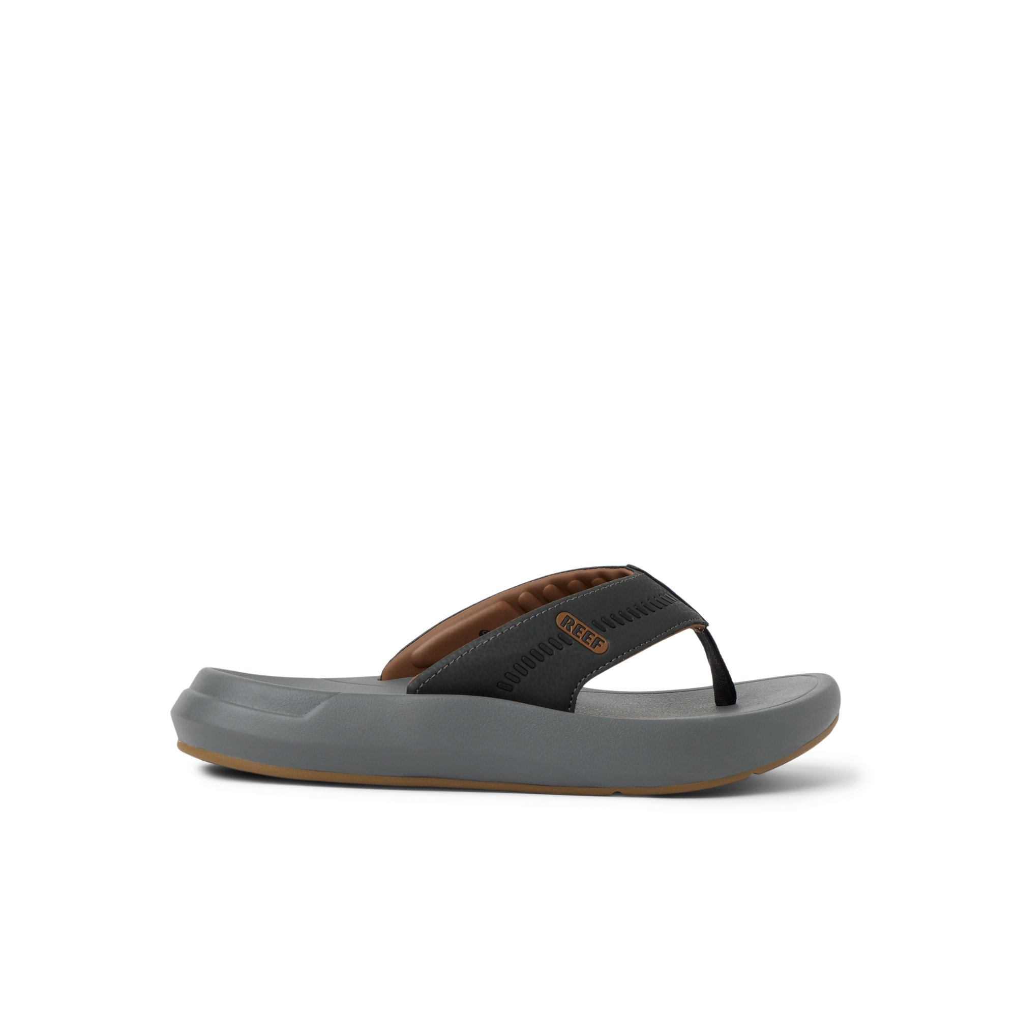 Cruiser men’s flip flop facing left, showing cushioned footbed and soft arch support in black and brown colors.