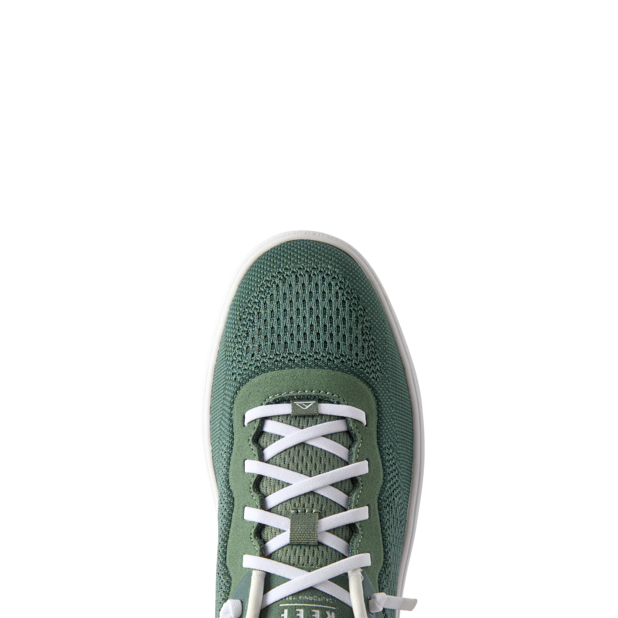 Top view close-up of the green Shoreline Del Mar sneaker with white laces, featuring breathable mesh and comfort-focused design.