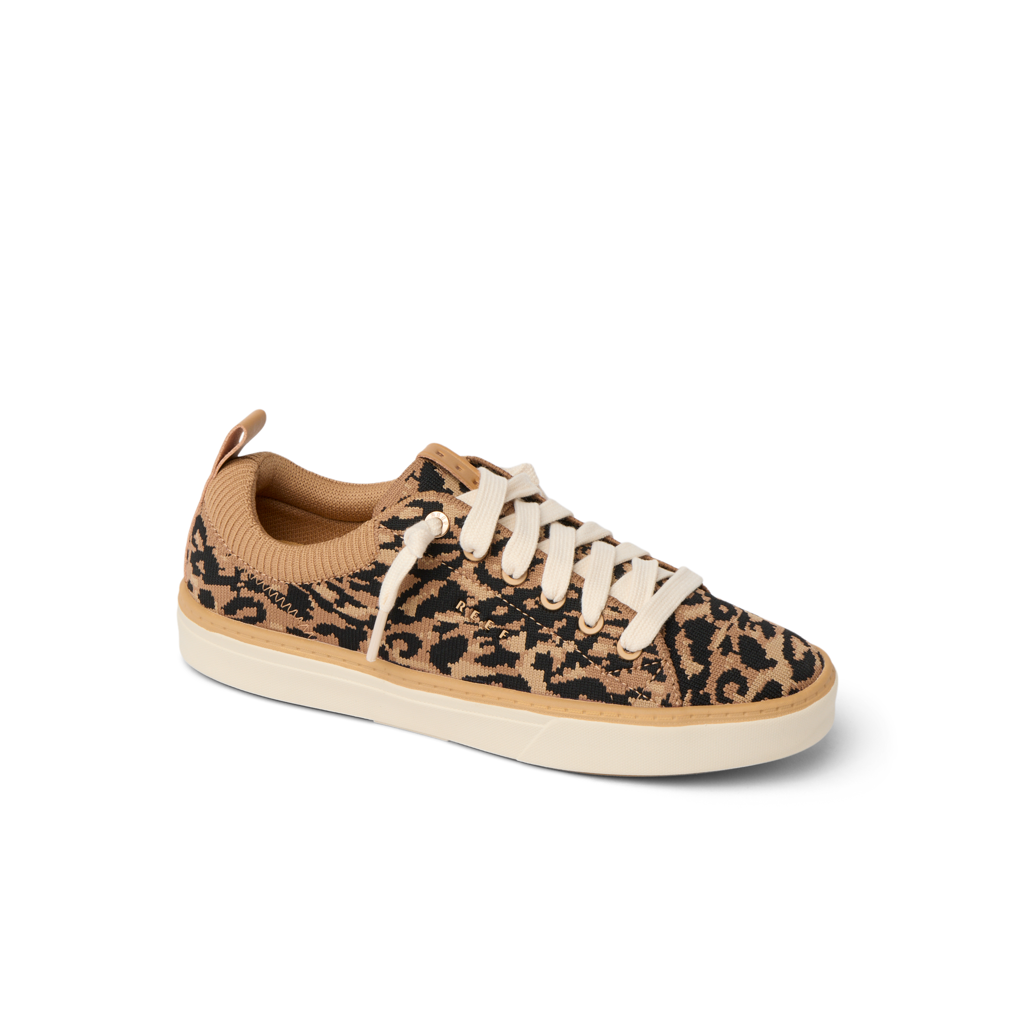 Lay Day Lite women's sneaker facing left, leopard print knit, lightweight with anatomical arch support and cushioning.