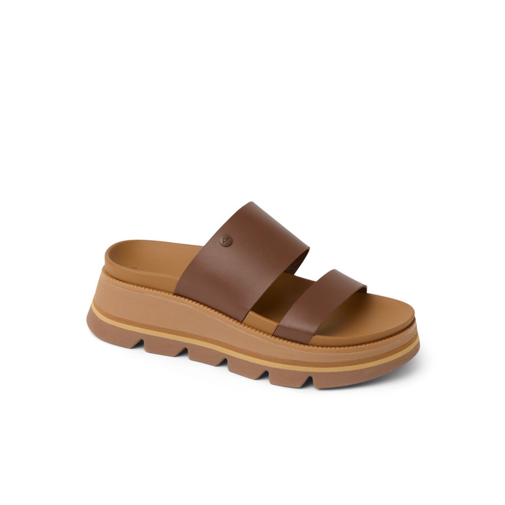 Vista Luxe Siaa women's brown sandals facing right, close-up of upper straps, with cushioned platform sole for comfort.
