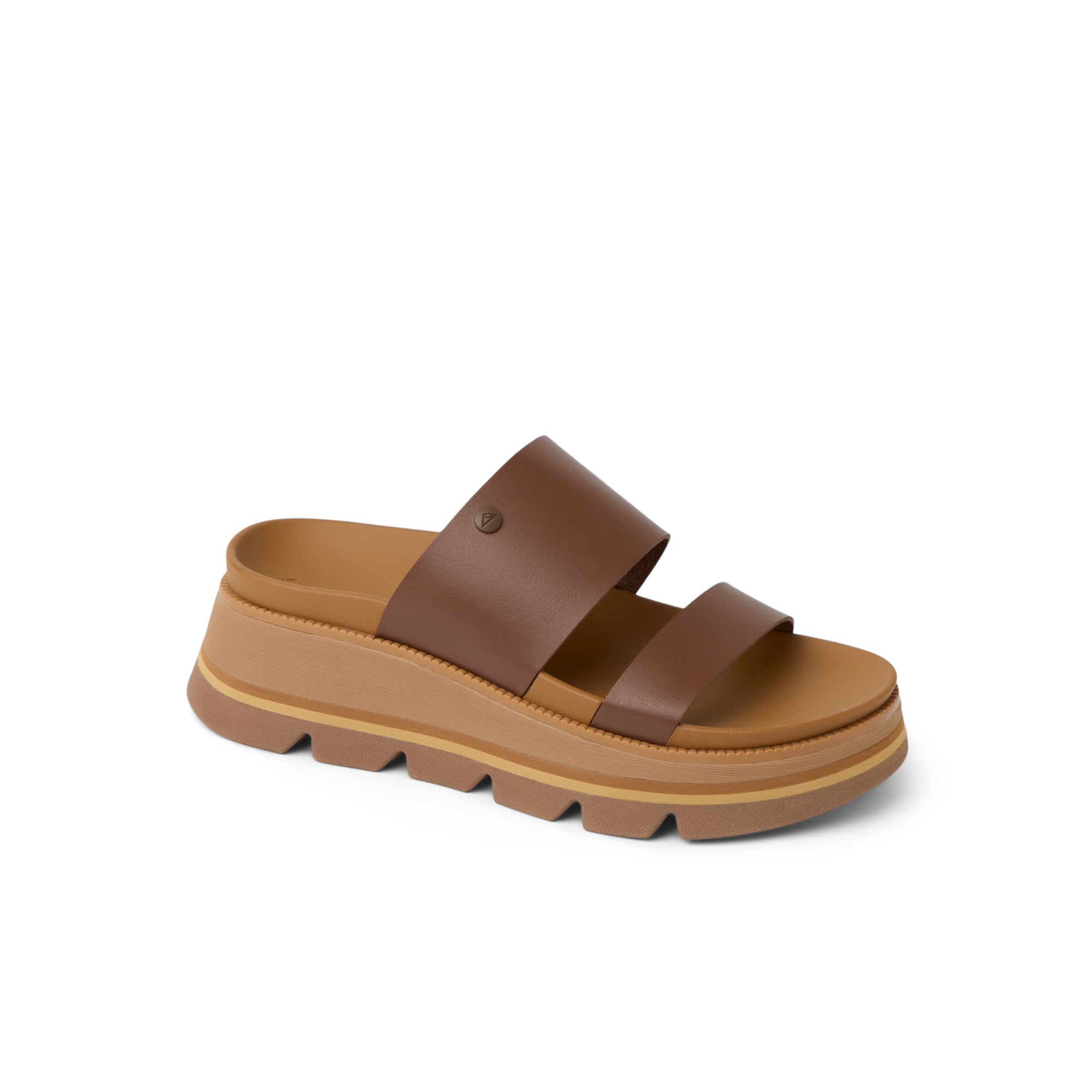 Vista Luxe Siaa women's brown sandals facing right, close-up of upper straps, with cushioned platform sole for comfort.