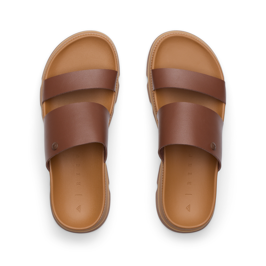 Pair of Vista Luxe Siaa brown sandals facing upward, showing soft-rebound cushioned footbeds for all-day comfort.