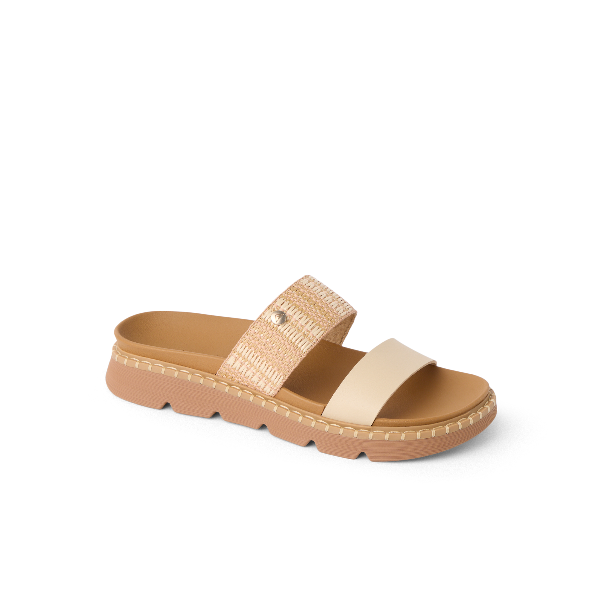 Vista Luxe Thea women's sandal facing right, close-up of soft vegan leather and raffia straps with arch support.