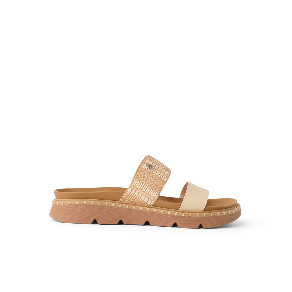 Vista Luxe Thea sandal facing right, featuring vegan leather straps and cushioned sole for beach-inspired all-day comfort.
