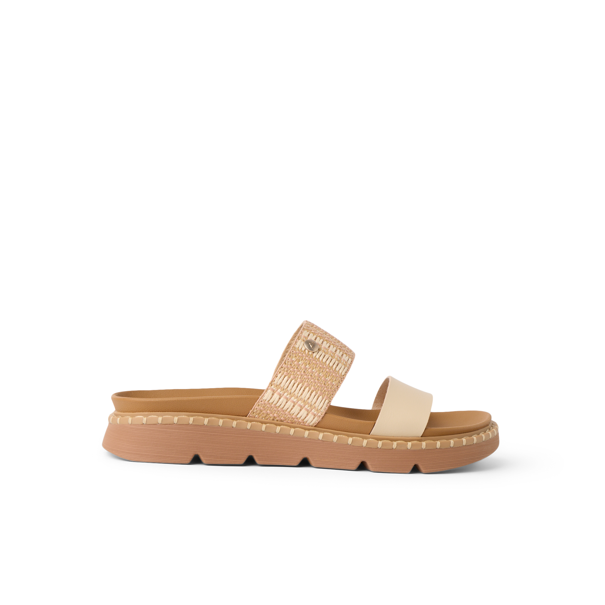 Vista Luxe Thea sandal facing right, featuring vegan leather straps and cushioned sole for beach-inspired all-day comfort.