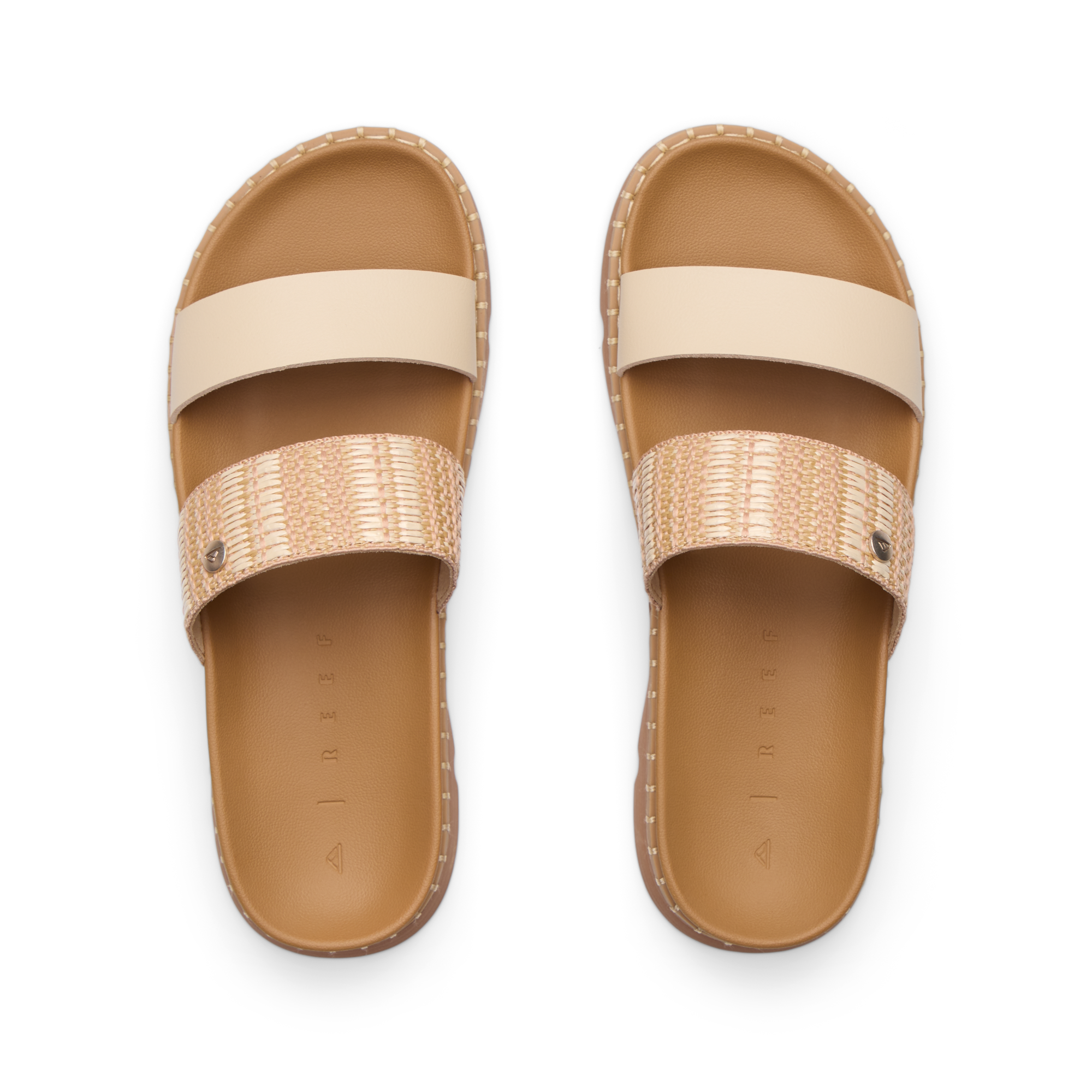 Top-down view of the Vista Luxe Thea sandals facing forward with soft vegan leather straps and cushioned footbed.