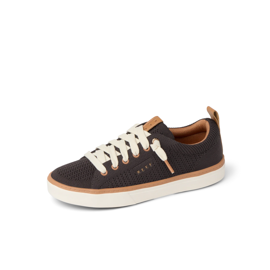 Lay Day Lite women's charcoal sneaker facing left, featuring breathable knit, cushioned sole, and anatomical arch support.
