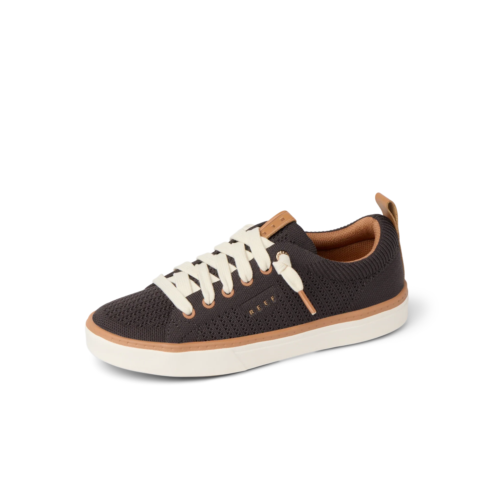 Lay Day Lite women's charcoal sneaker facing left, featuring breathable knit, cushioned sole, and anatomical arch support.