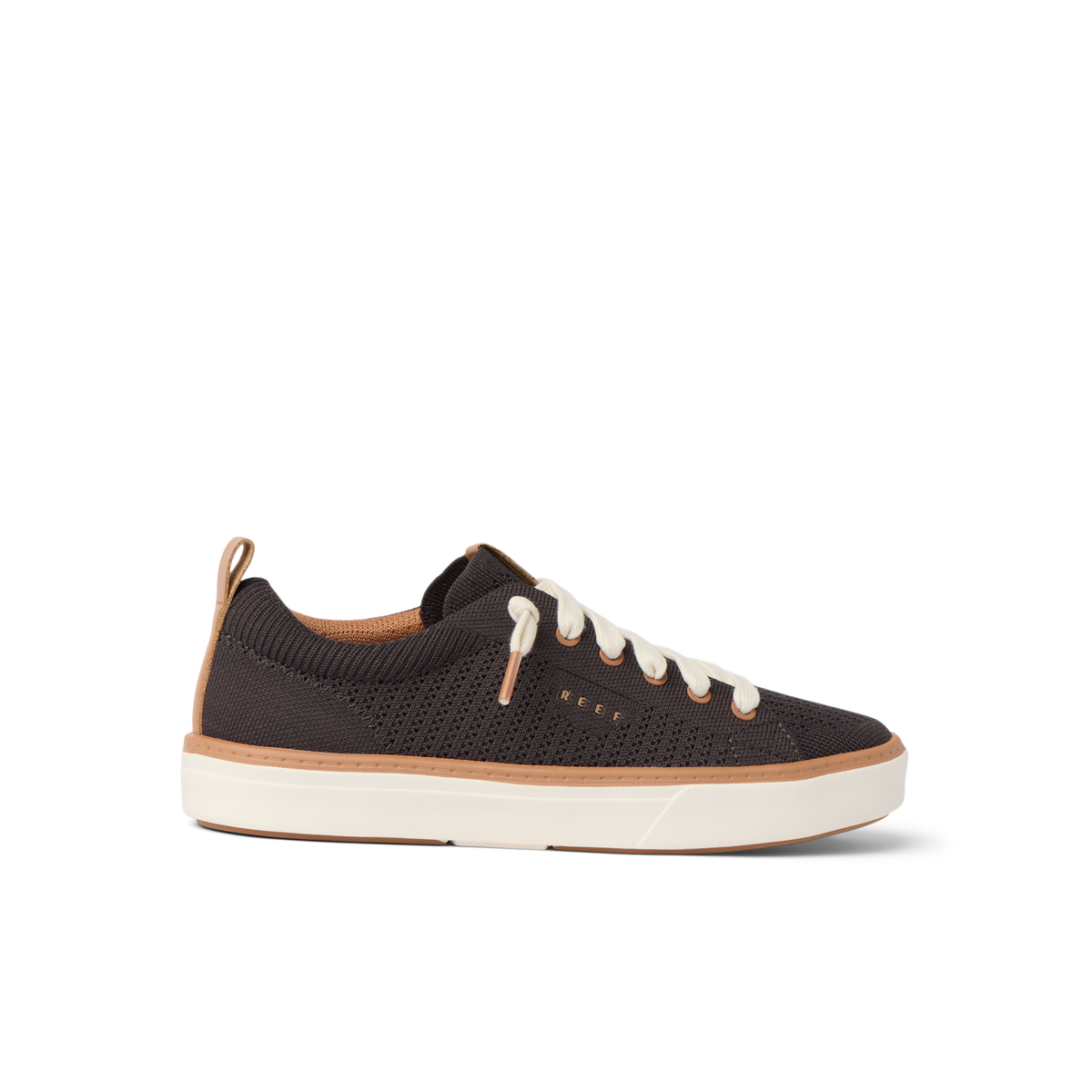 Side view of charcoal Lay Day Lite women's sneaker with white laces, cushioned sole, and arch support for beach comfort.