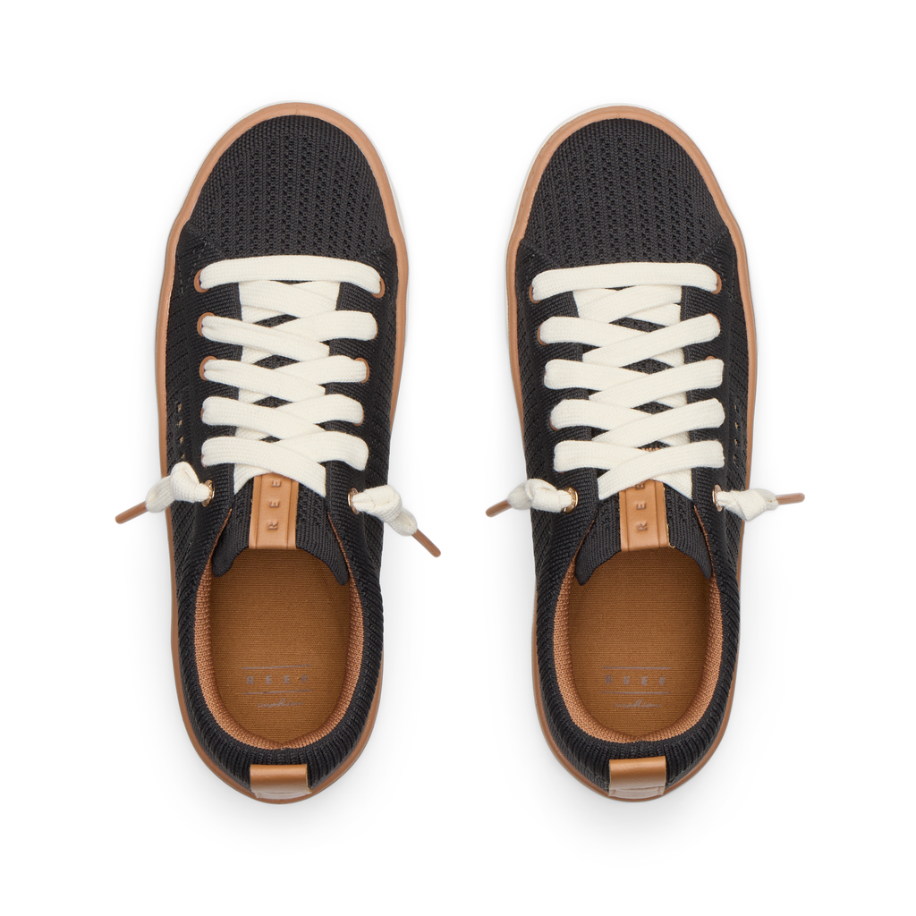 Top view of Lay Day Lite women's charcoal sneakers with cushioned insoles and reef arch support, designed for beach comfort.