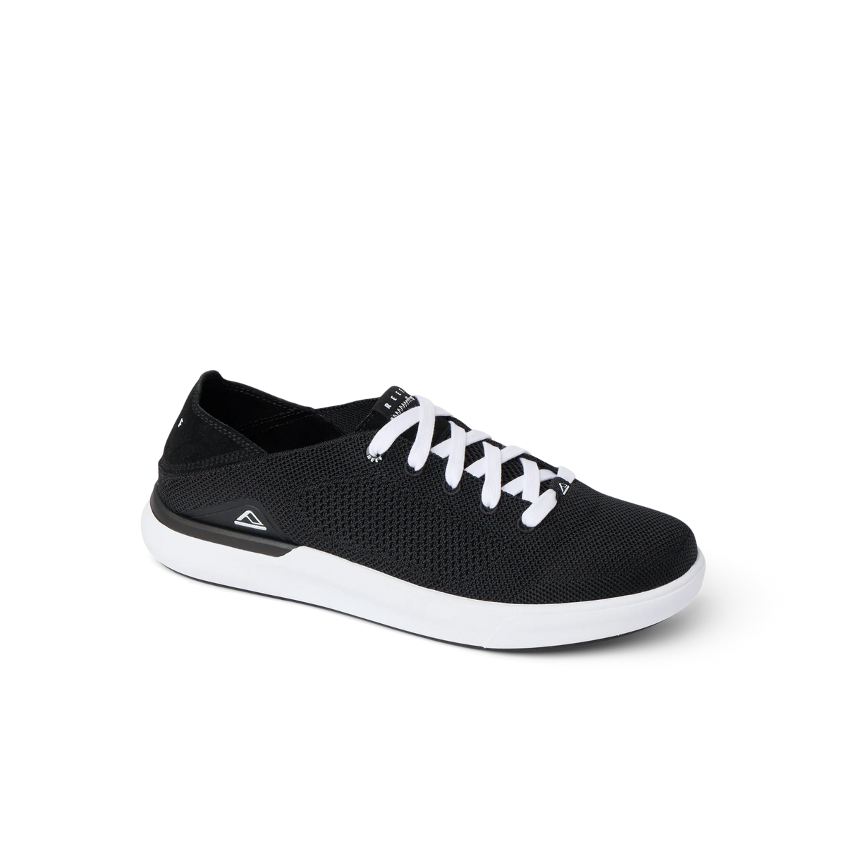 Side view of Neptune HT men's black sneaker with white sole and laces, featuring REEF's soft cushioning and arch support.