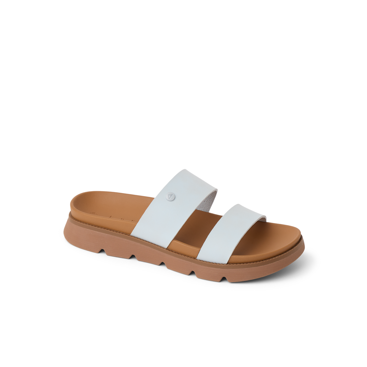 Vista Luxe Thea sandal in dusty blue facing right, close-up of the soft-rebound cushioned footbed and straps.
