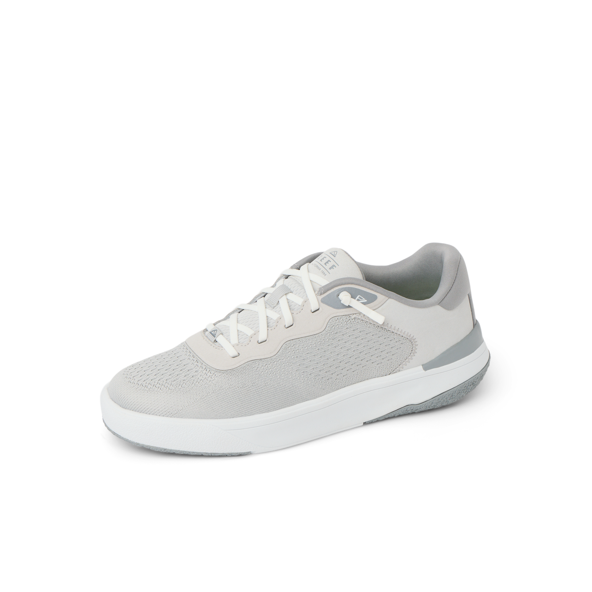 Shoreline Del Mar men's sneaker facing right, light grey with mesh upper, cushioned sole, and arch support designed for beach comfort.
