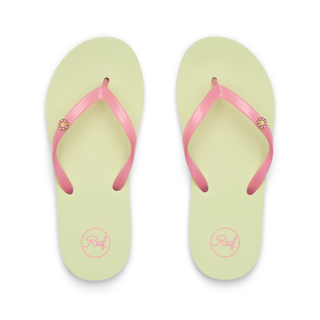 Kids Charming top view of yellow flip flops with pink straps and flower detail, lightweight and water-friendly comfort for girls.