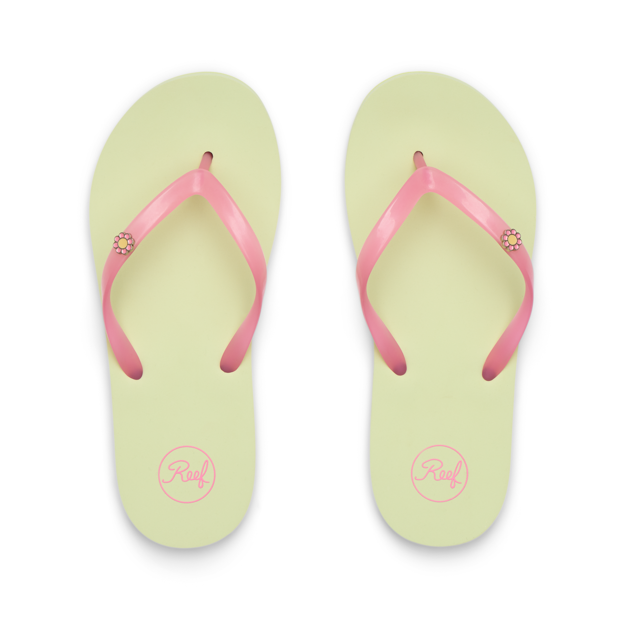 Kids Charming top view of yellow flip flops with pink straps and flower detail, lightweight and water-friendly comfort for girls.