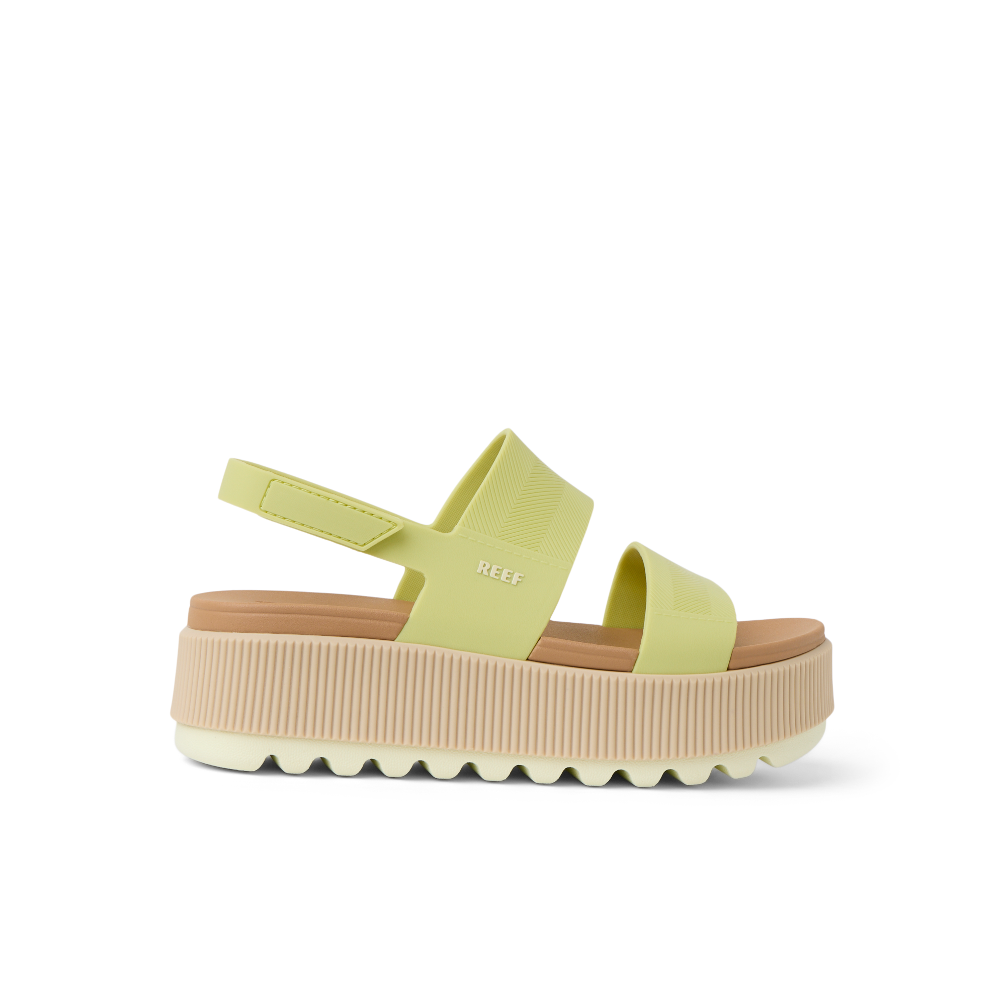 Water Vista Higher women's sandal facing left, lime sherbert color with thick cushioned platform sole for beach comfort.