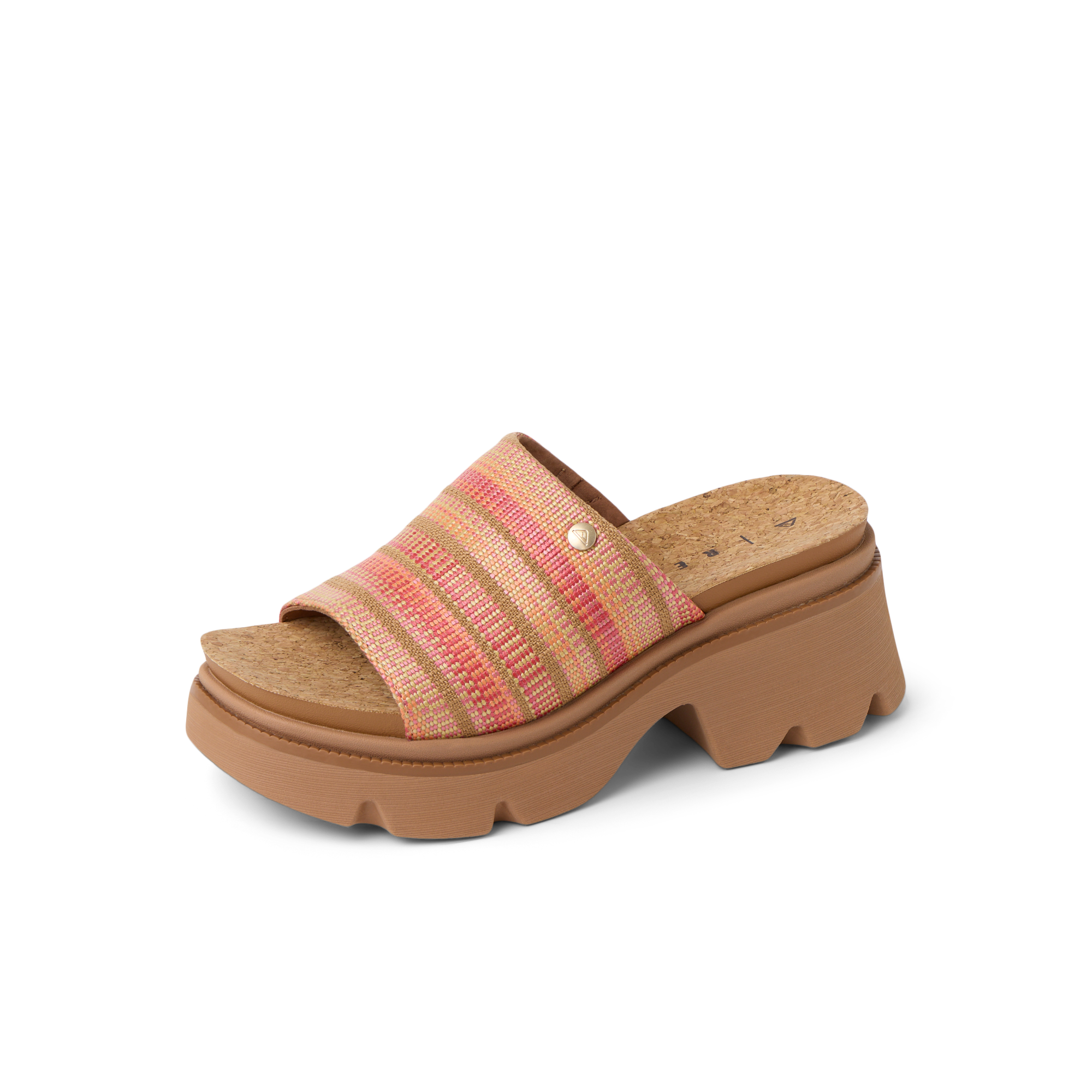 Vista Luxe Evie women's platform sandal facing right, close-up of multi-colored water-friendly upper and cushioned sole.