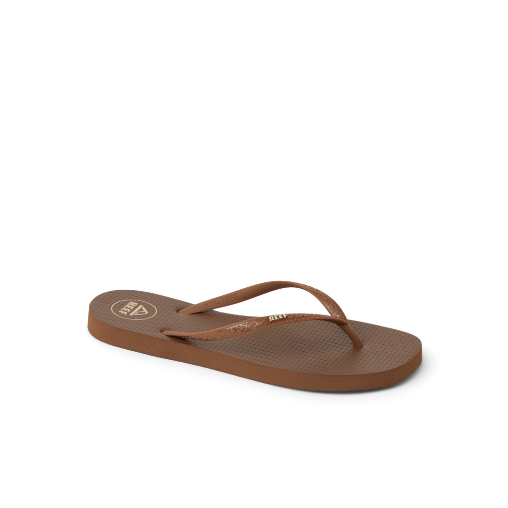 Seaside Square Toe brown flip flop for women facing left with comfort cushioning and arch support, beach-inspired design