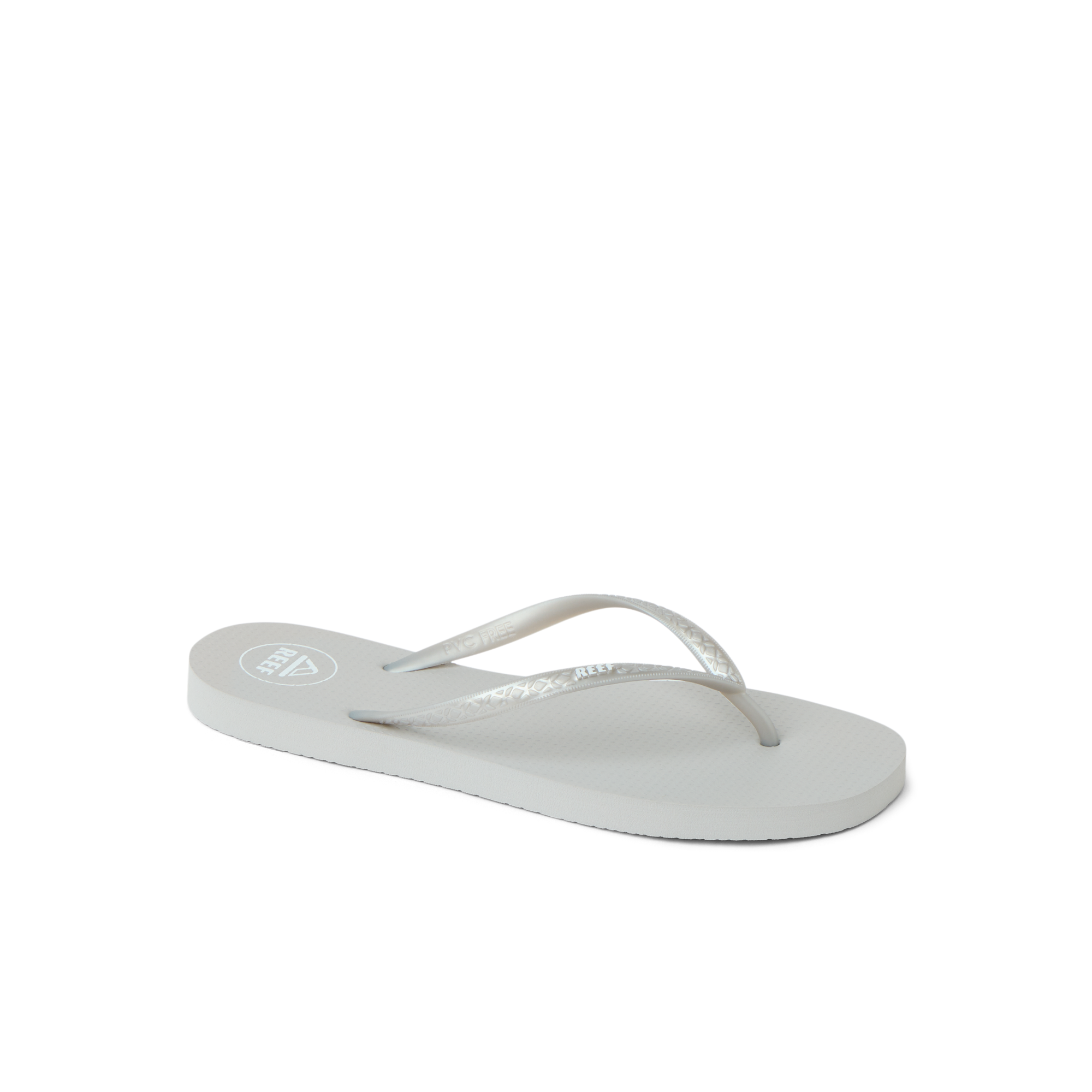 Seaside Square Toe women's sandal facing left, close-up of silver metallic beach-inspired flip flop with soft cushioning and arch support