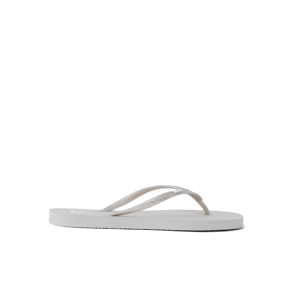 Side view of the Seaside Square Toe women's sandal in silver metallic, featuring soft cushioning and arch support.