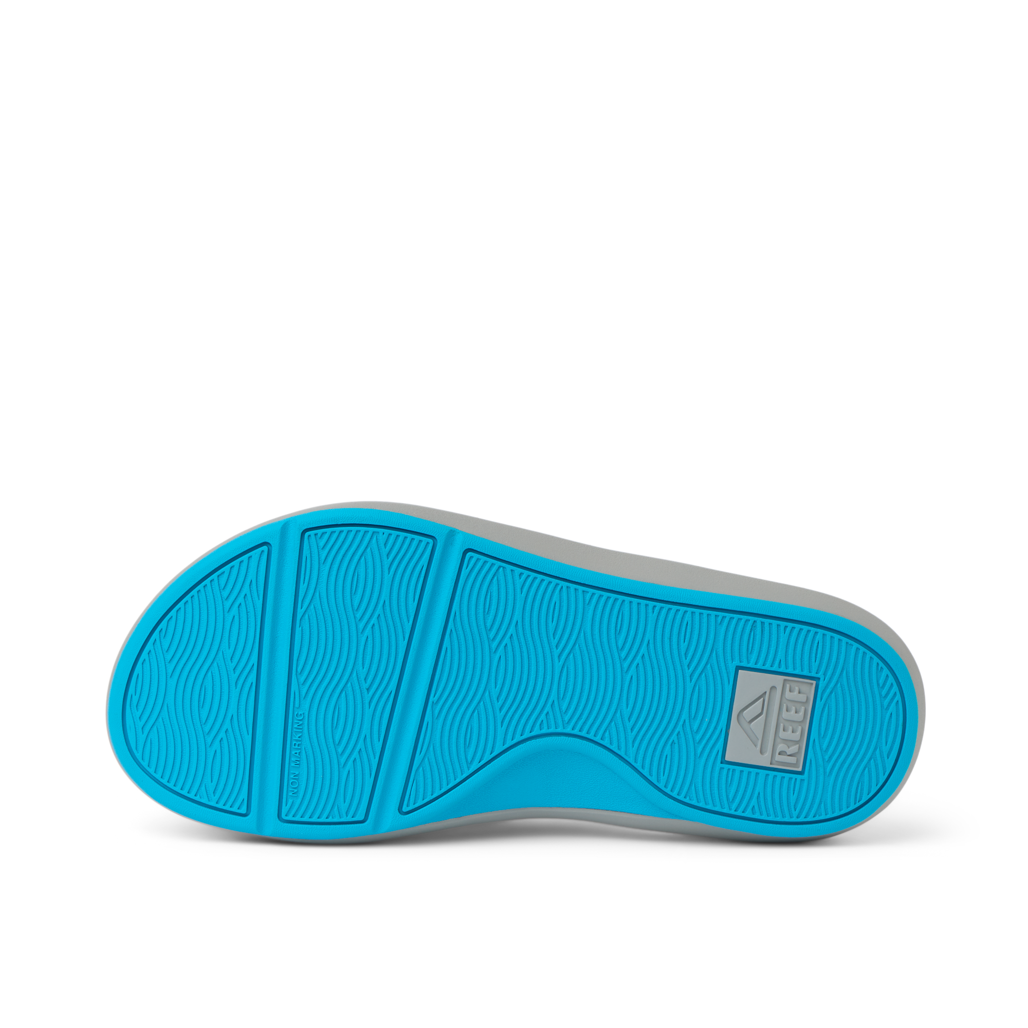 Cruiser footwear sole facing up showing aqua blue water-friendly outsole with anatomical arch support and durable design.