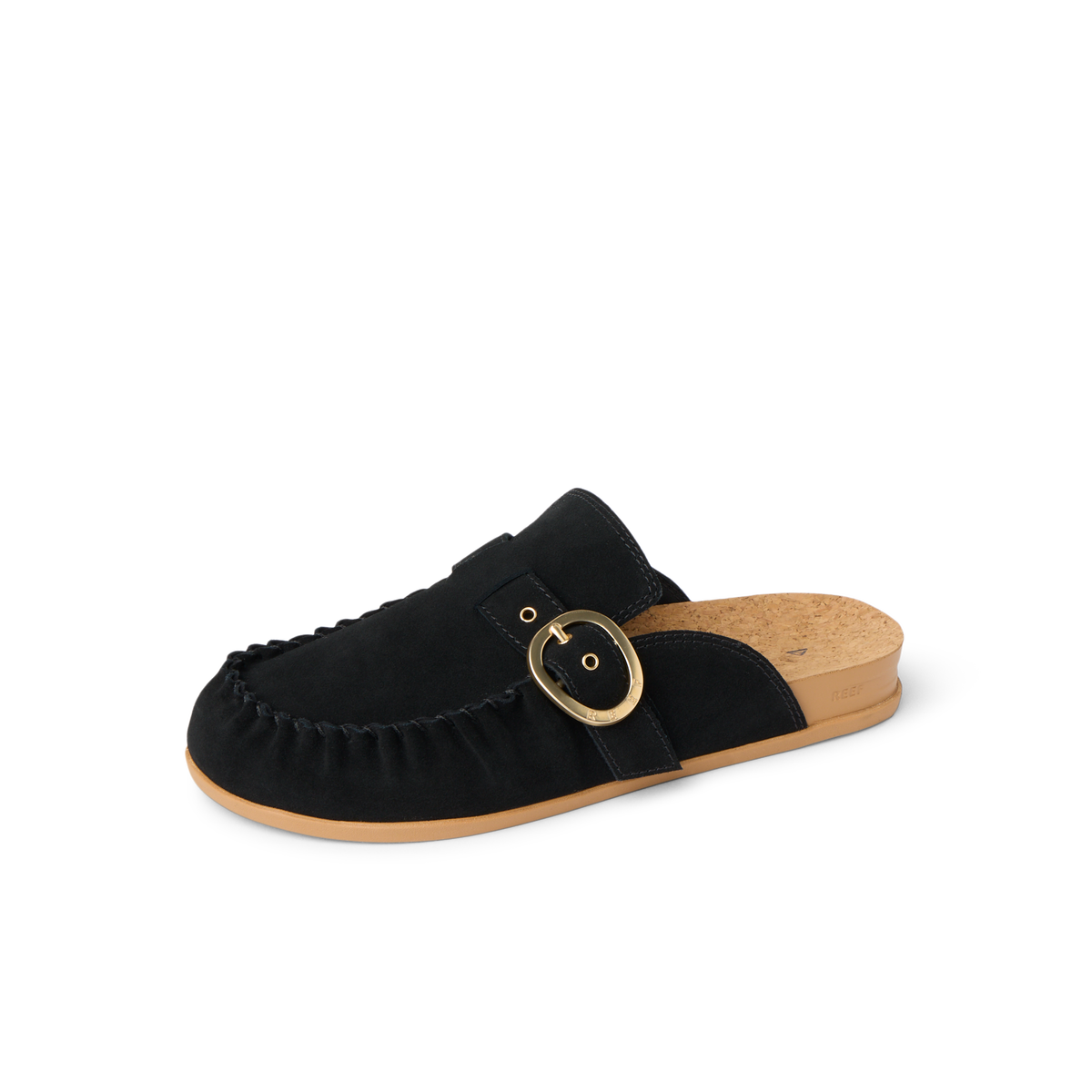 Vista Siena facing left, women's black suede clog mule with cork footbed, buckle detail, and arch support for comfort