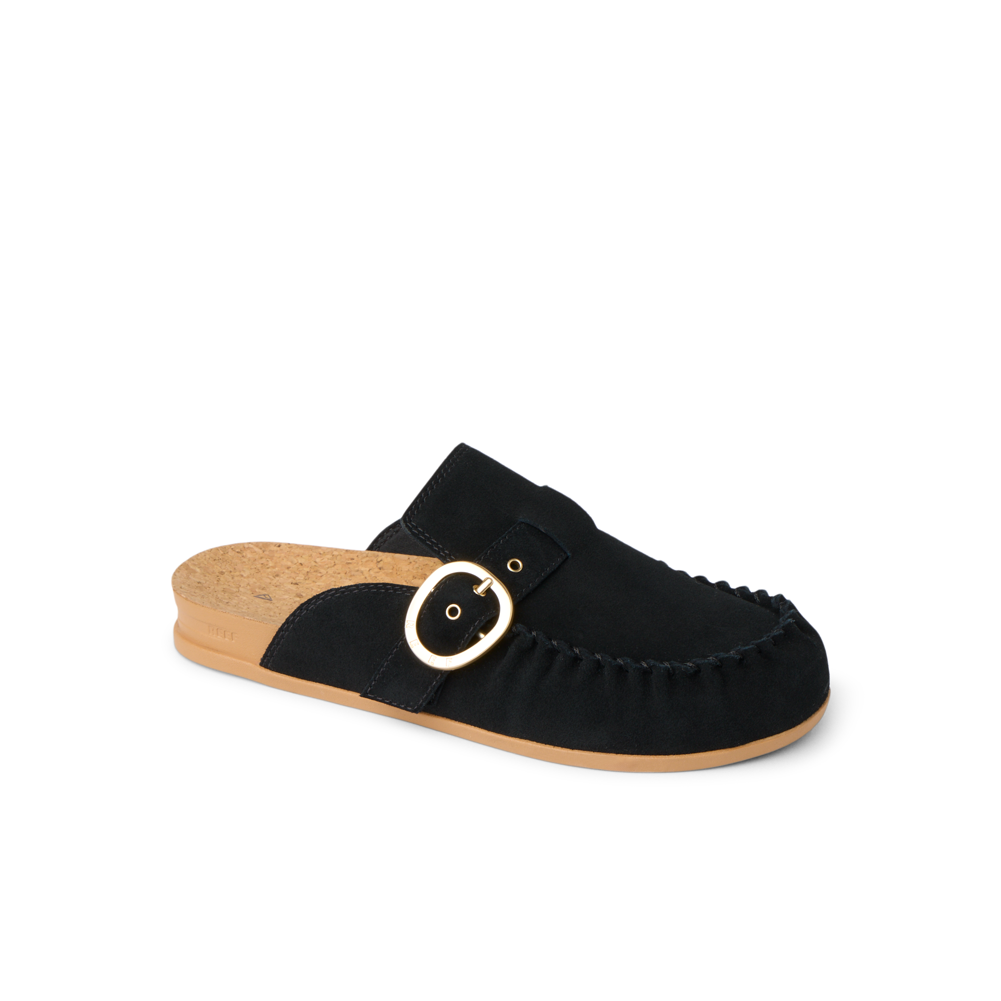 Vista Siena facing right, women's black suede slip-on clog with buckle detail, cork footbed, and anatomical arch support