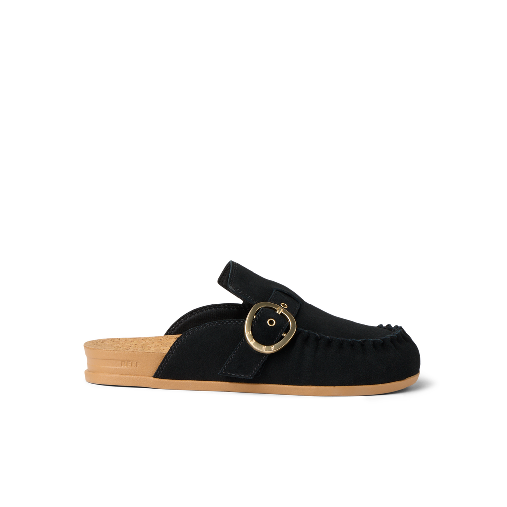 Vista Siena facing right, women's black suede clog mule with buckle detail, anatomical arch support, and soft cushioning for comfort.