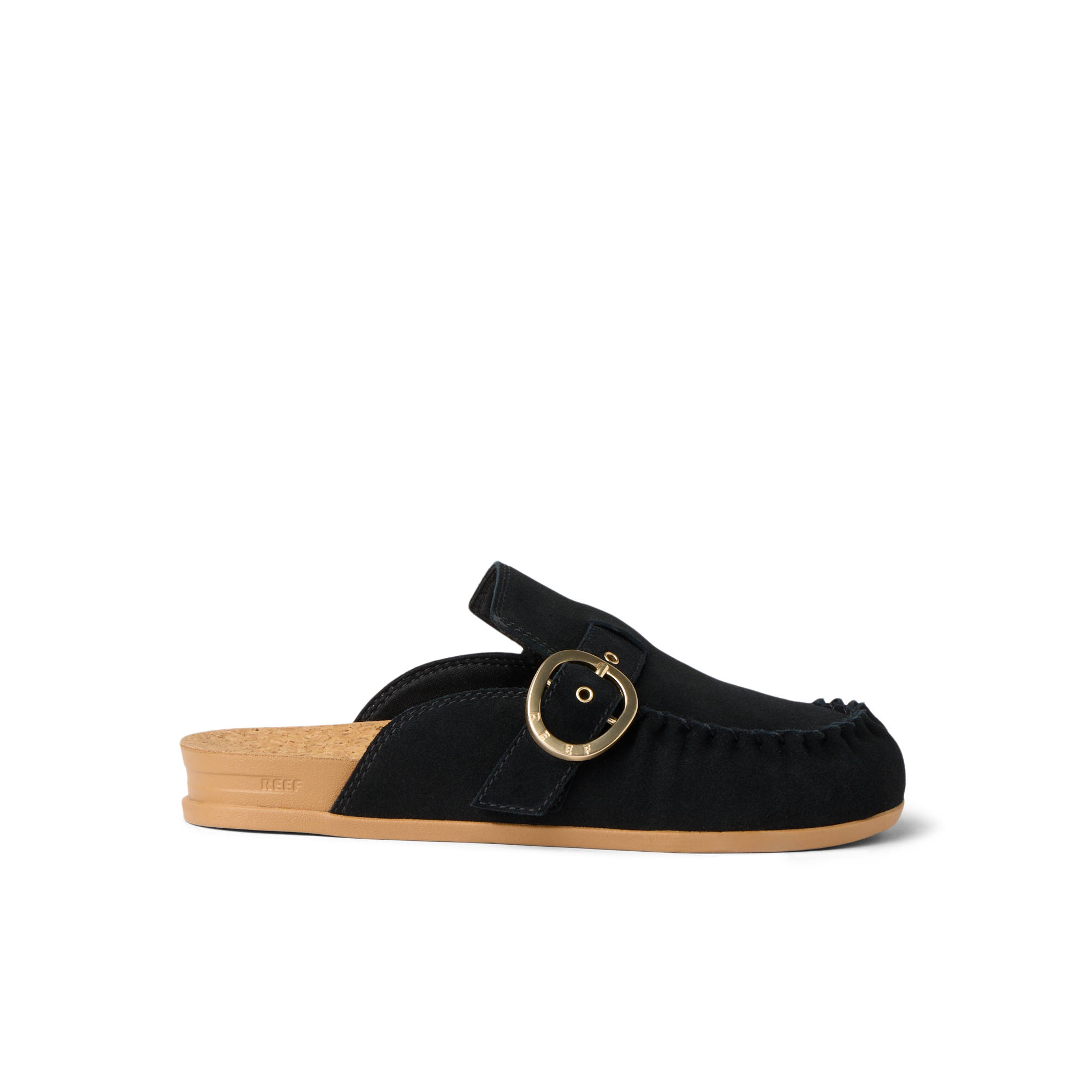 Vista Siena facing right, women's black suede clog mule with buckle detail, anatomical arch support, and soft cushioning for comfort.